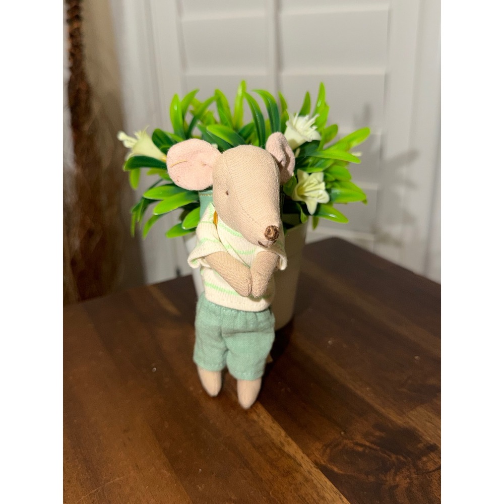 Maileg Big Brother Mouse with Backpack Green Striped Shirt Mint Pants 5 Inch